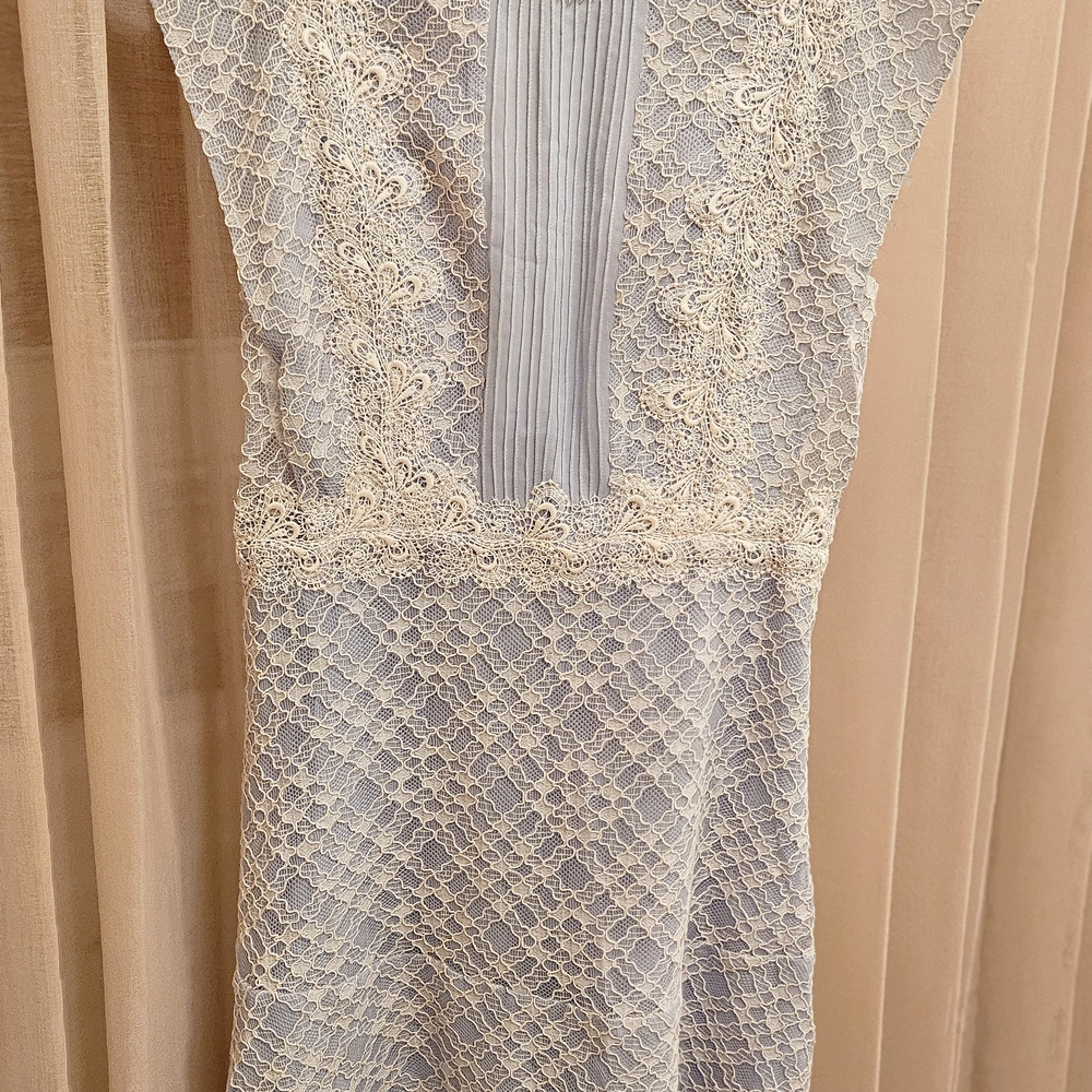 Sandro Lace Backless Dress in Light Blue and Cream